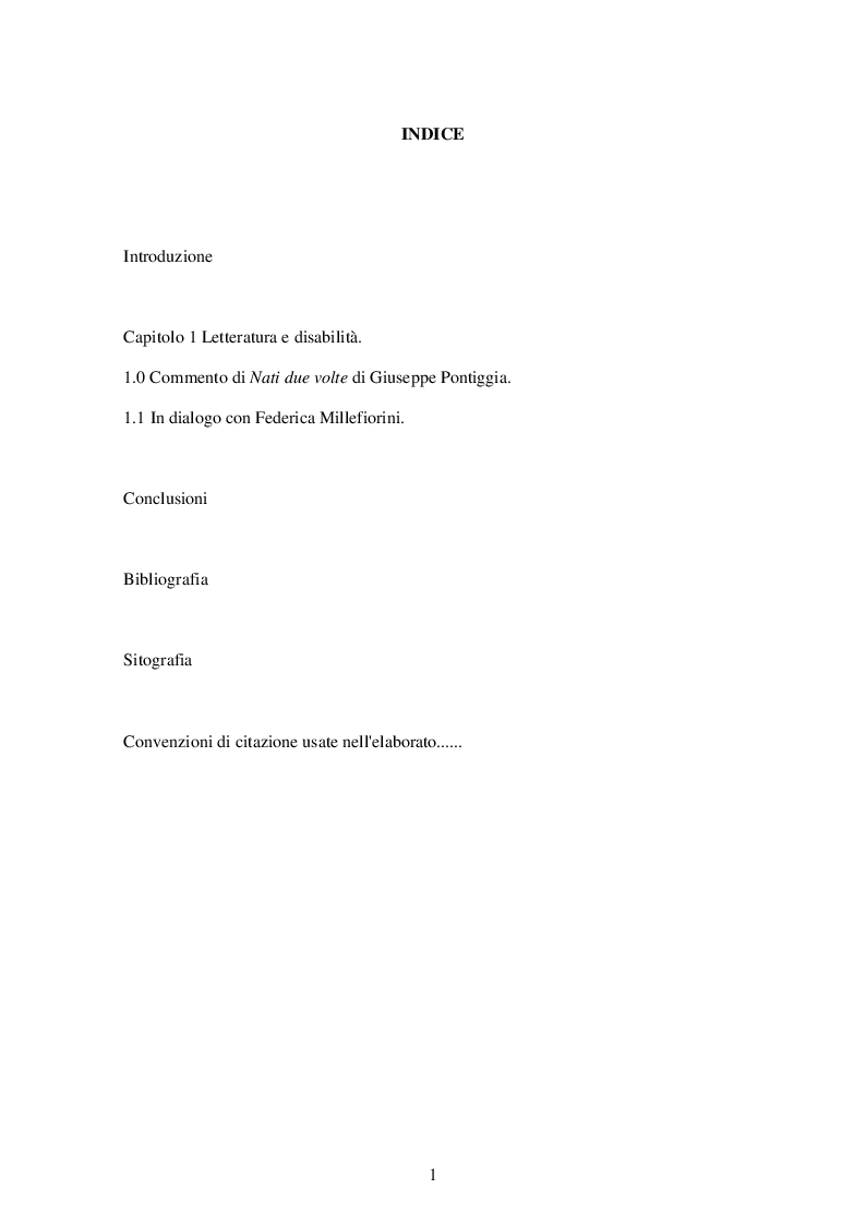 Indice della tesi: ''Nati due volte'' di Giuseppe Pontiggia: pedagogia della narrazione, Pagina 1