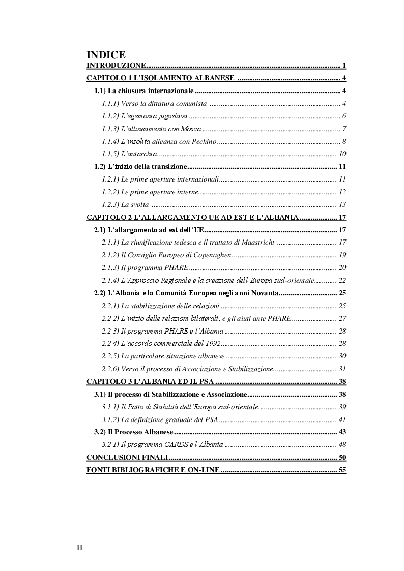 Indice della tesi: Il processo d'integrazione europea dell'Albania, Pagina 1