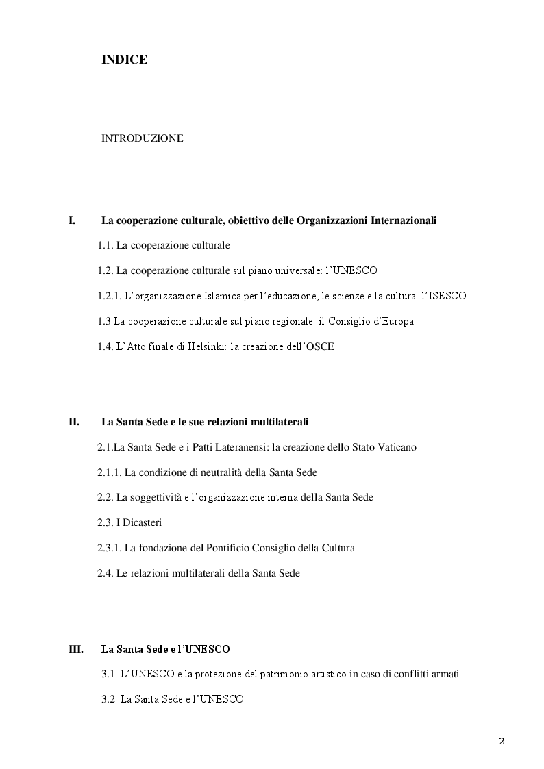 Indice della tesi: La Santa Sede e le relazioni con le Organizzazioni Internazionali per la cooperazione culturale, Pagina 1