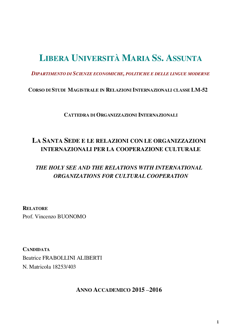 Anteprima della tesi: La Santa Sede e le relazioni con le Organizzazioni Internazionali per la cooperazione culturale, Pagina 1
