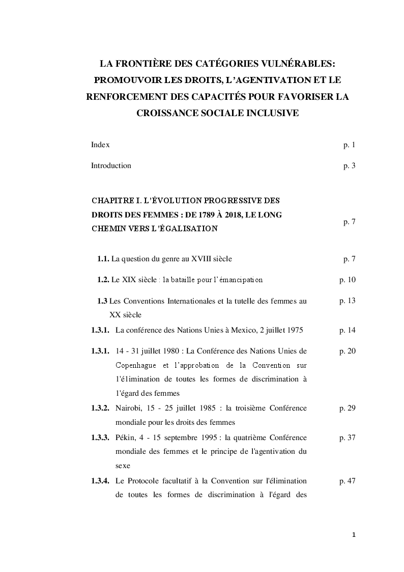 Indice della tesi: La frontière des catégories vulnérables: promouvoir les droits, l’agentivation et le renforcement des capacités pour favoriser la croissance sociale inclusive, Pagina 1