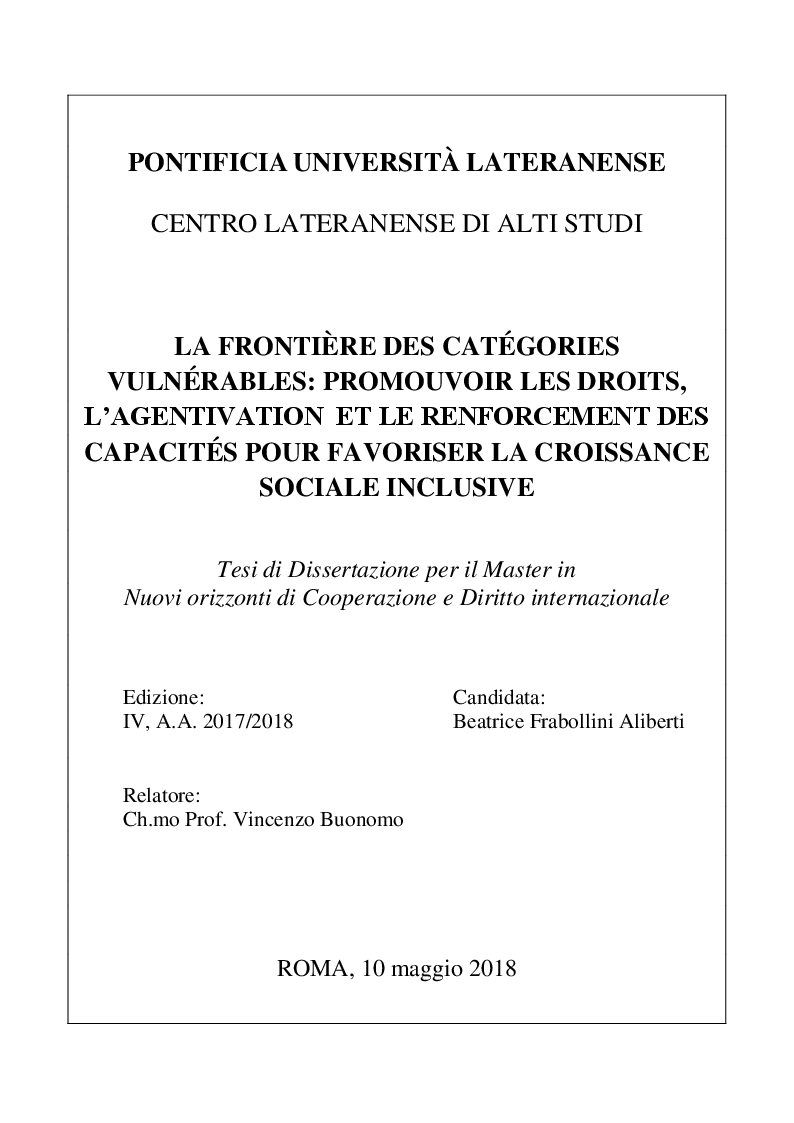 Anteprima della tesi: La frontière des catégories vulnérables: promouvoir les droits, l’agentivation et le renforcement des capacités pour favoriser la croissance sociale inclusive, Pagina 1