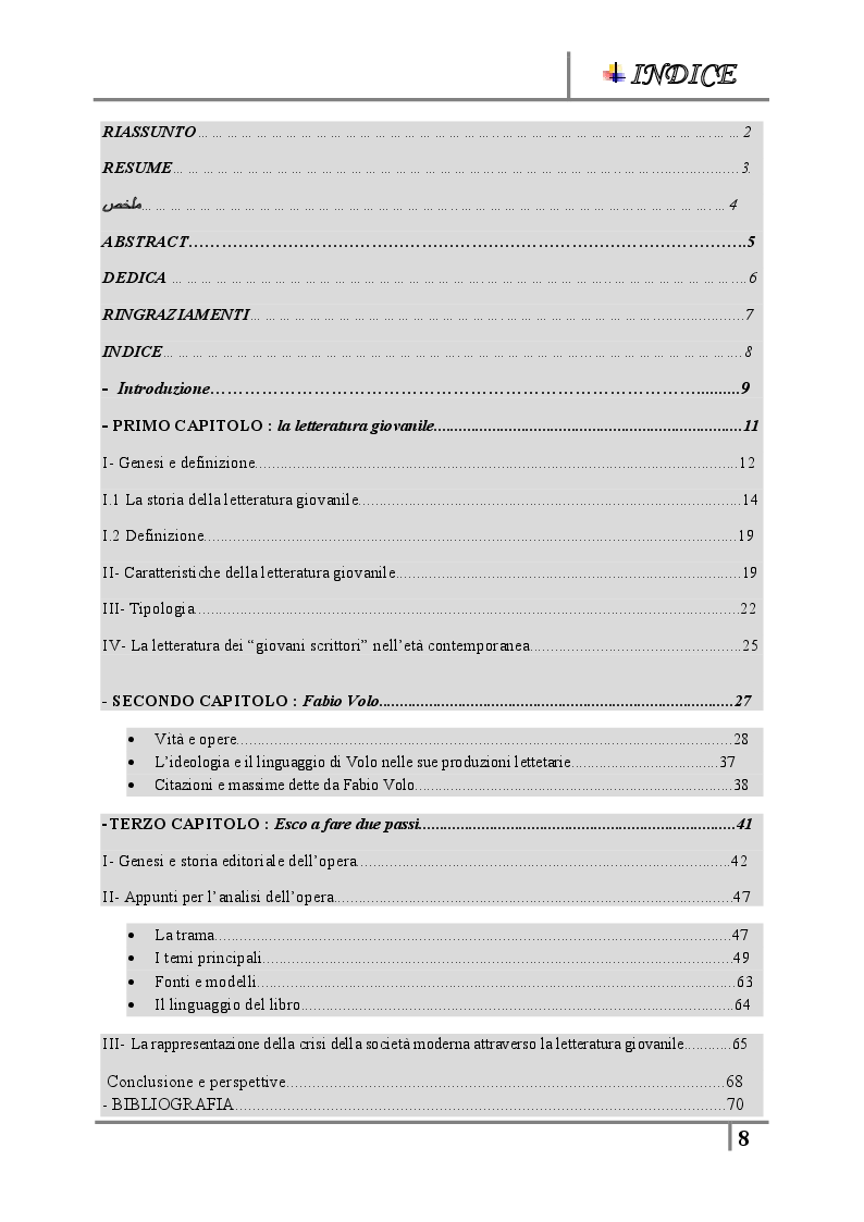 Indice della tesi: La letteratura giovanile nei romanzi italiani contemporanei ''Il caso di esco a fare due passi'', Pagina 1
