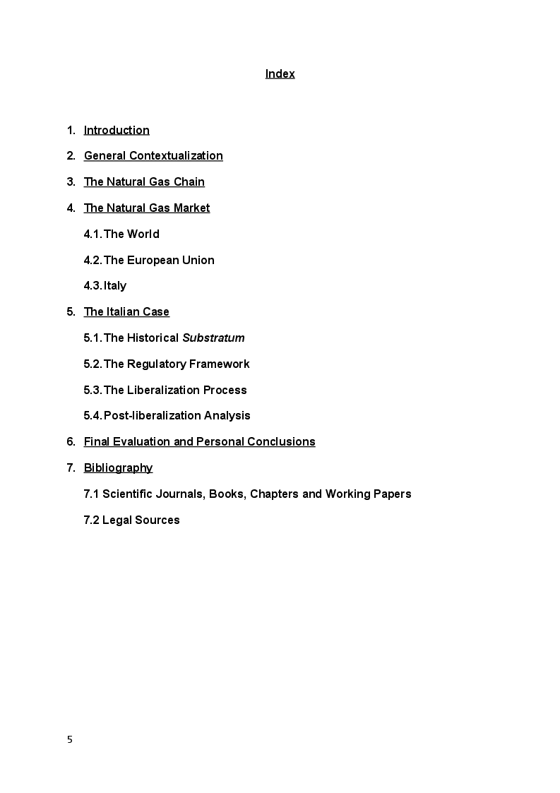 Indice della tesi: The Natural Gas Market: from Regulation to Liberalization. The Italian Case., Pagina 1