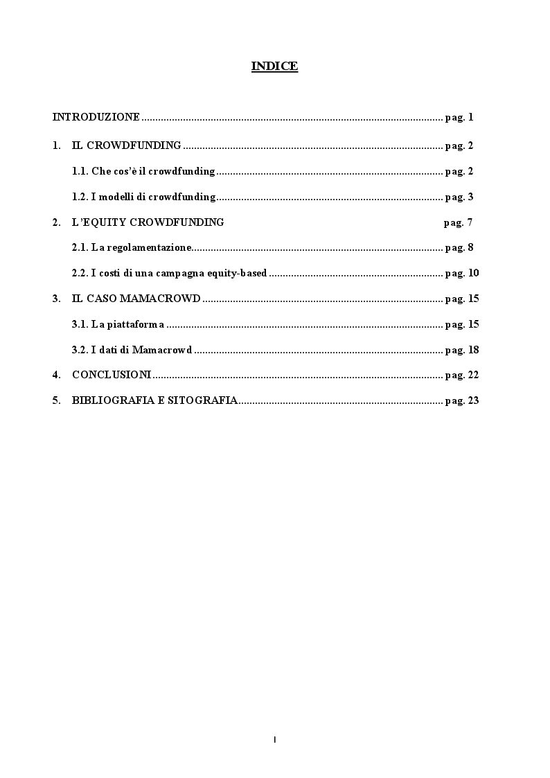 Indice della tesi: Equity crowdfunding: il caso Mamacrowd, Pagina 1