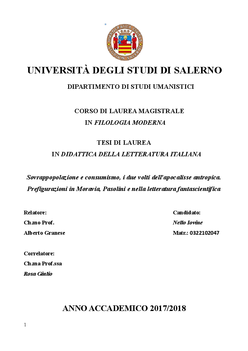 Anteprima della tesi: Sovrappopolazione e consumismo, i due volti dell'apocalisse antropica. Prefigurazioni in Moravia, Pasolini e nella letteratura fantascientifica, Pagina 1