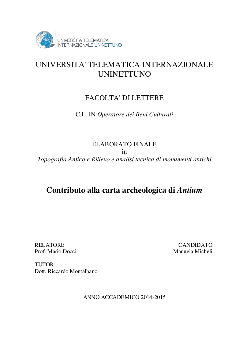 Anteprima della tesi: Contributo alla carta archeologica di Antium, Pagina 1