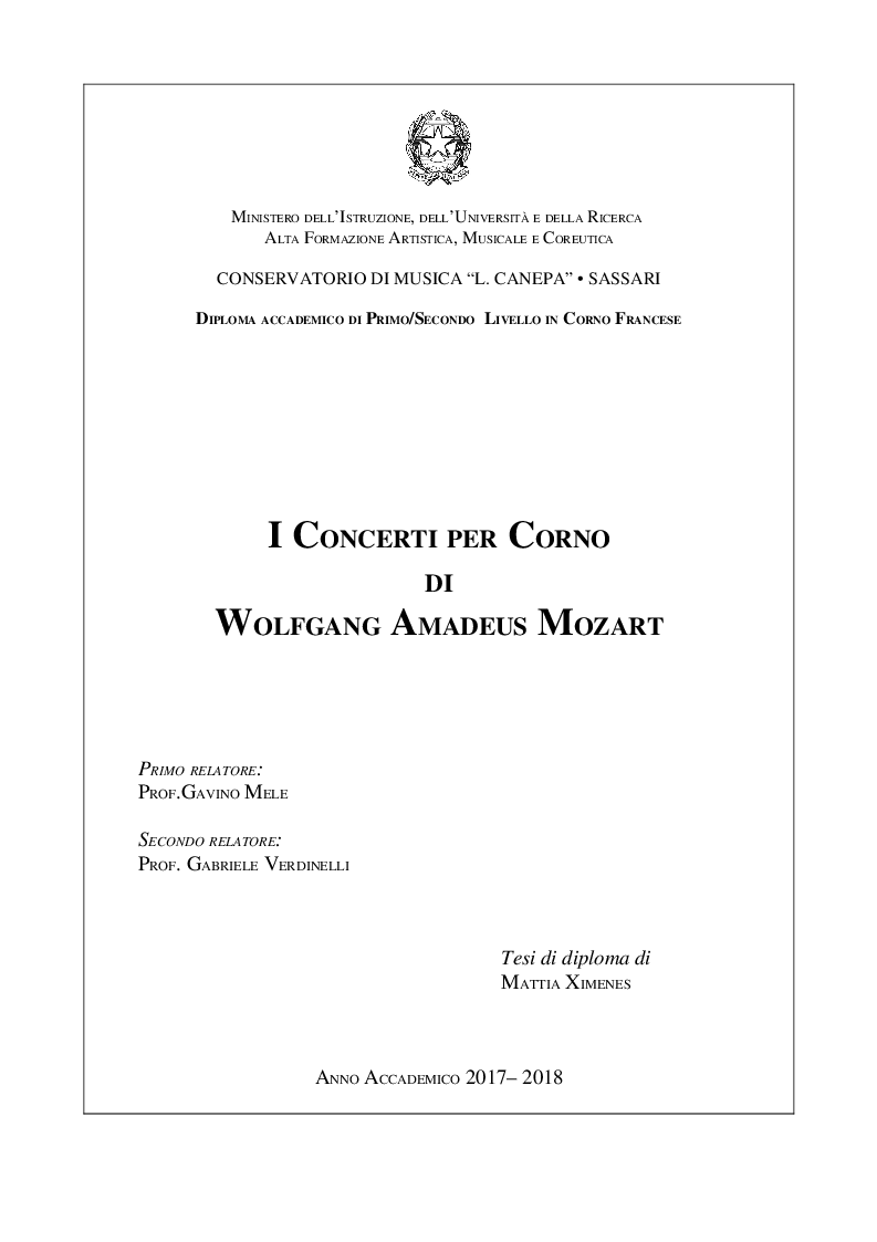 Anteprima della tesi: I Concerti Per Corno Di Wolfgang Amadeus Mozart, Pagina 1