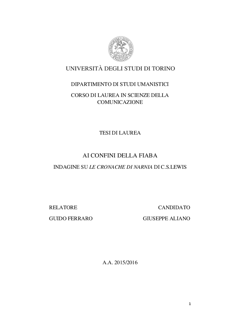 Anteprima della tesi: Ai confini della fiaba - Indagine su Le Cronache di Narnia, Pagina 1