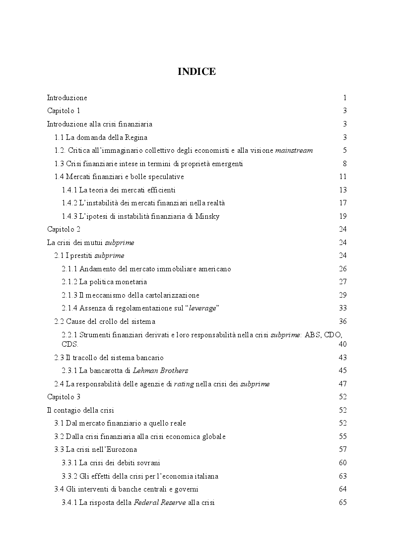 Indice della tesi: Instabilità dei mercati finanziari: lezioni dalla crisi dei mutui subprime, Pagina 1