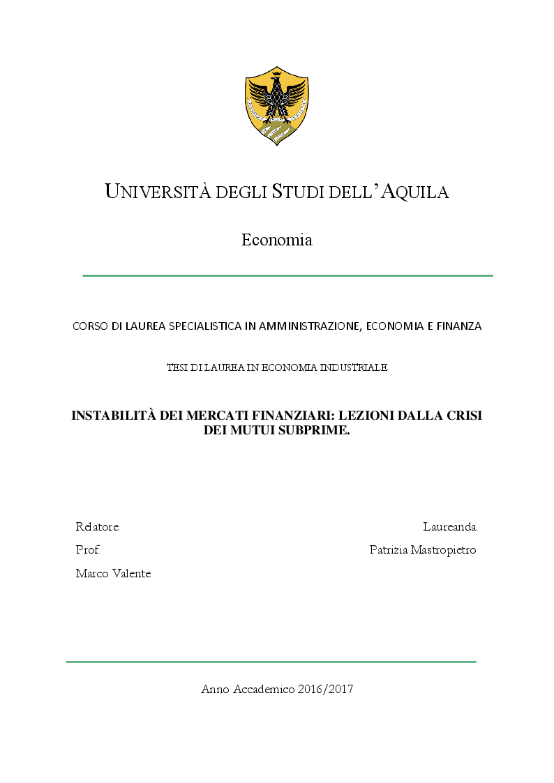 Anteprima della tesi: Instabilità dei mercati finanziari: lezioni dalla crisi dei mutui subprime, Pagina 1