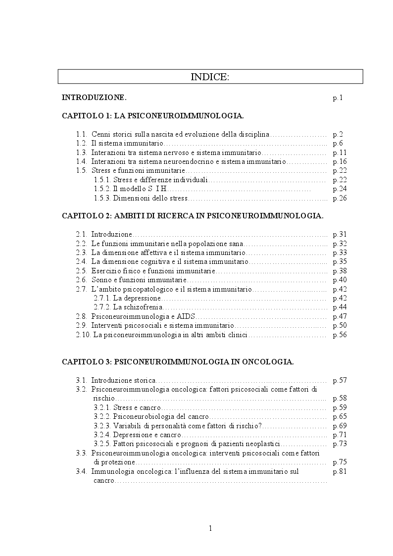 Indice della tesi: Psiconeuroimmunologia in oncologia pediatrica, Pagina 1
