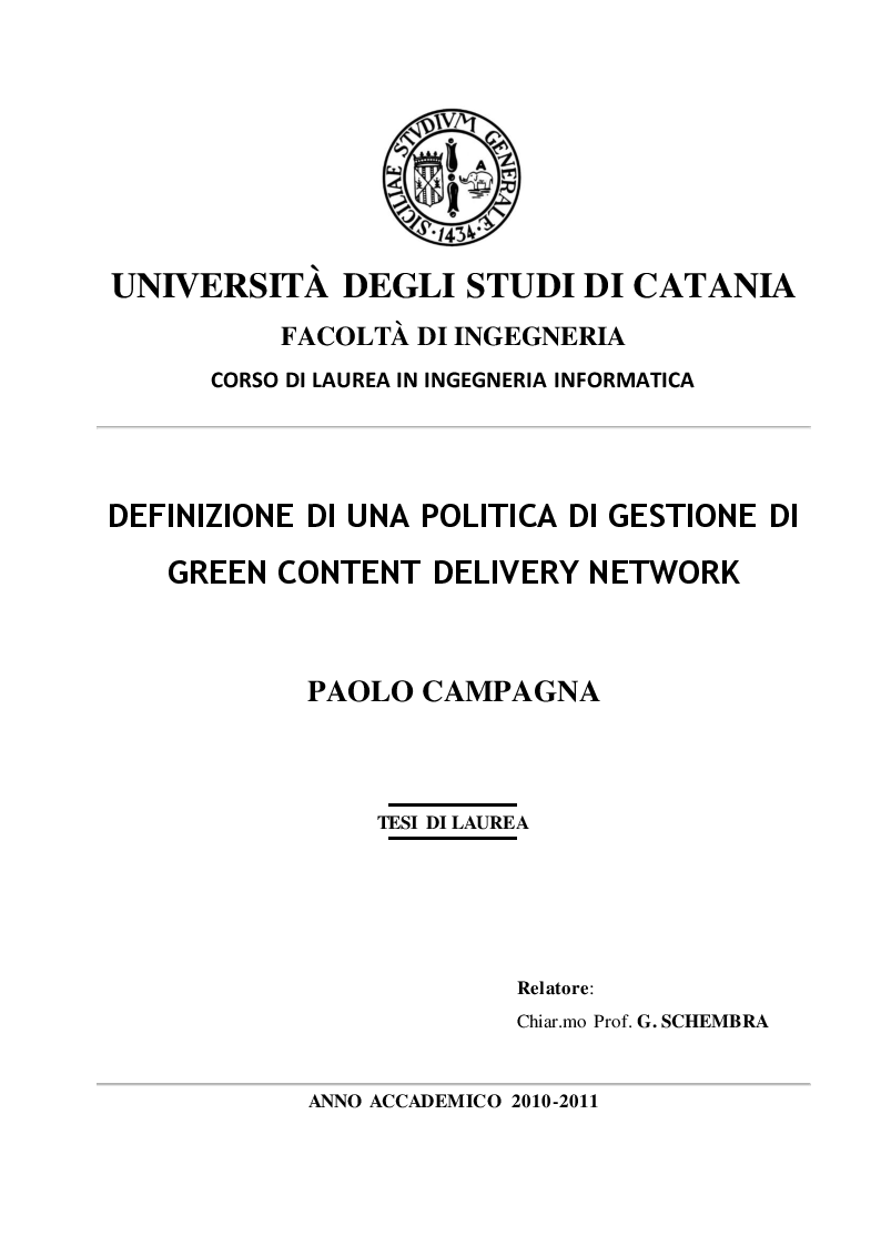 Anteprima della tesi: Definizione di una politica di gestione di Green Content Delivery Network (CDN), Pagina 1