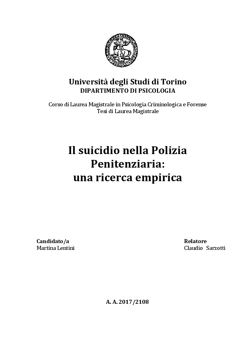 Anteprima della tesi: Il suicidio nella Polizia Penitenziaria: una ricerca empirica, Pagina 1