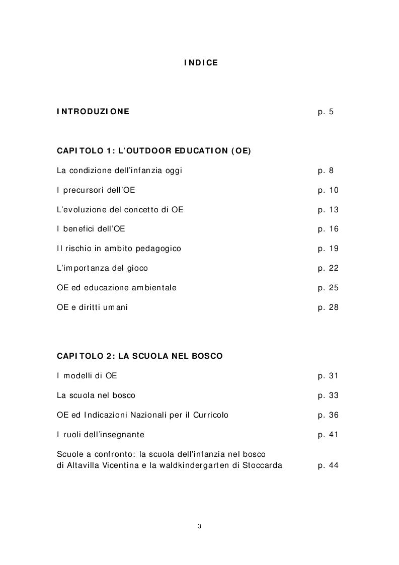 Indice della tesi: Dai banchi ai campi. L’Outdoor Education come esperienza educativa e pratica didattica, Pagina 1