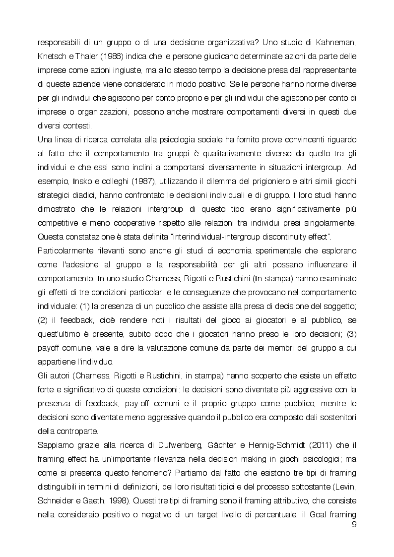 Estratto dalla tesi: What’s in a frame? Goal framing, trust and reciprocity