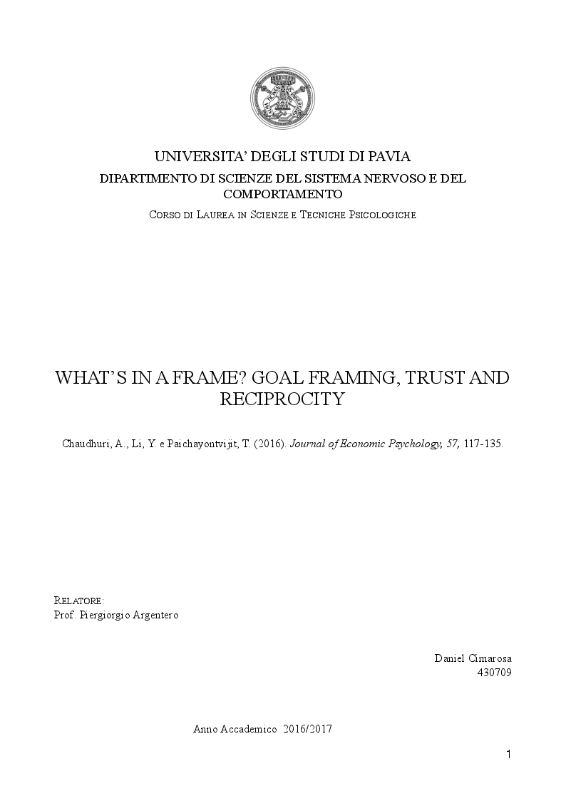 Anteprima della tesi: What’s in a frame? Goal framing, trust and reciprocity, Pagina 1