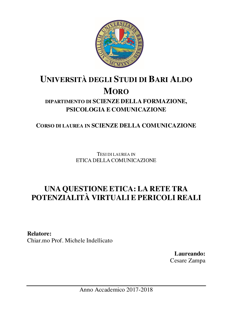 Anteprima della tesi: Una questione etica: la rete tra potenzialità virtuali e pericoli reali, Pagina 1