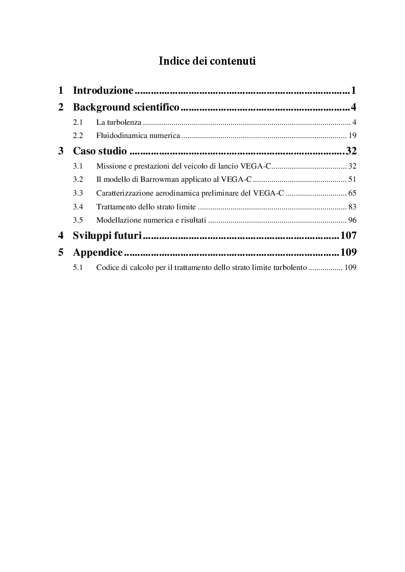 Indice della tesi: Caratterizzazione aerodinamica del lanciatore aerospaziale VEGA-C, Pagina 1