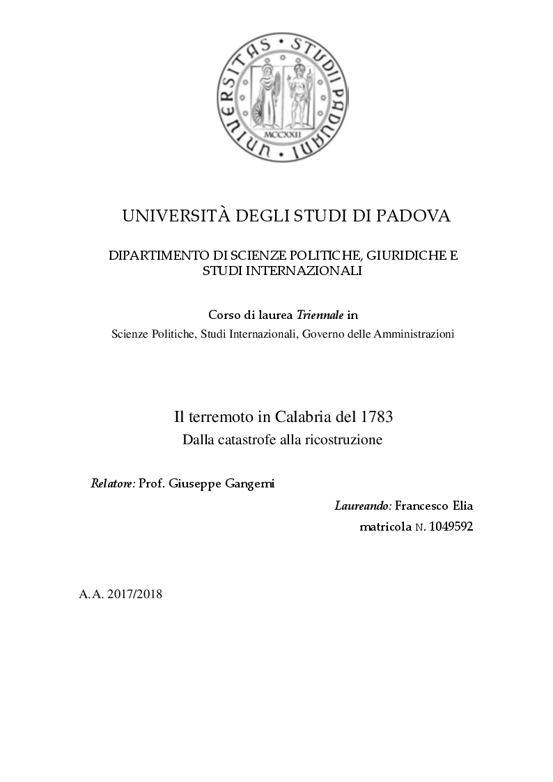 Anteprima della tesi: Il terremoto in Calabria del 1783. Dalla Catastrofe alla ricostruzione, Pagina 1