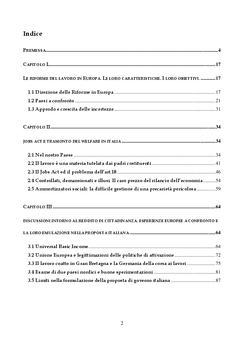 Indice della tesi: Tra Italia ed Europa: riforme del mercato del lavoro e governo della precarietà, Pagina 1
