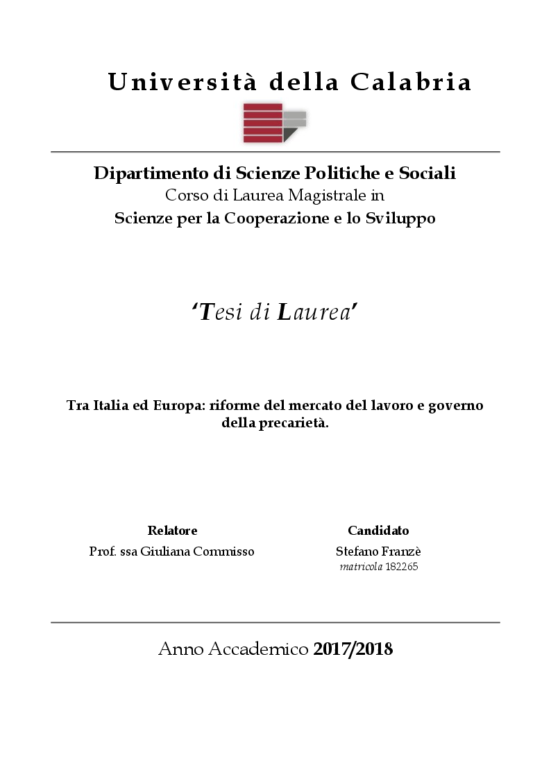 Anteprima della tesi: Tra Italia ed Europa: riforme del mercato del lavoro e governo della precarietà, Pagina 1