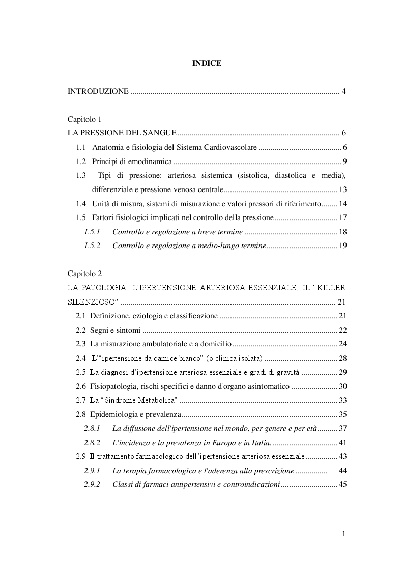 Indice della tesi: L'attività fisica come prevenzione primaria dell'ipertensione arteriosa essenziale, Pagina 1