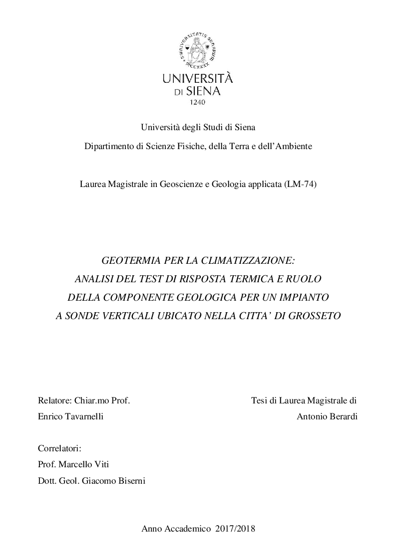 Anteprima della tesi: Geotermia per la climatizzazione: analisi del test di risposta termica e ruolo della componente geologica per un impinanto a sonde verticali ubicato nella città di grosseto, Pagina 1