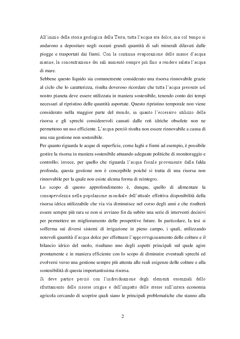Anteprima della tesi: Sistemi di irrigazione in pieno campo: l'utilizzo efficiente e sostenibile della risorsa idrica per un miglioramento dei possibili scenari futuri, Pagina 3