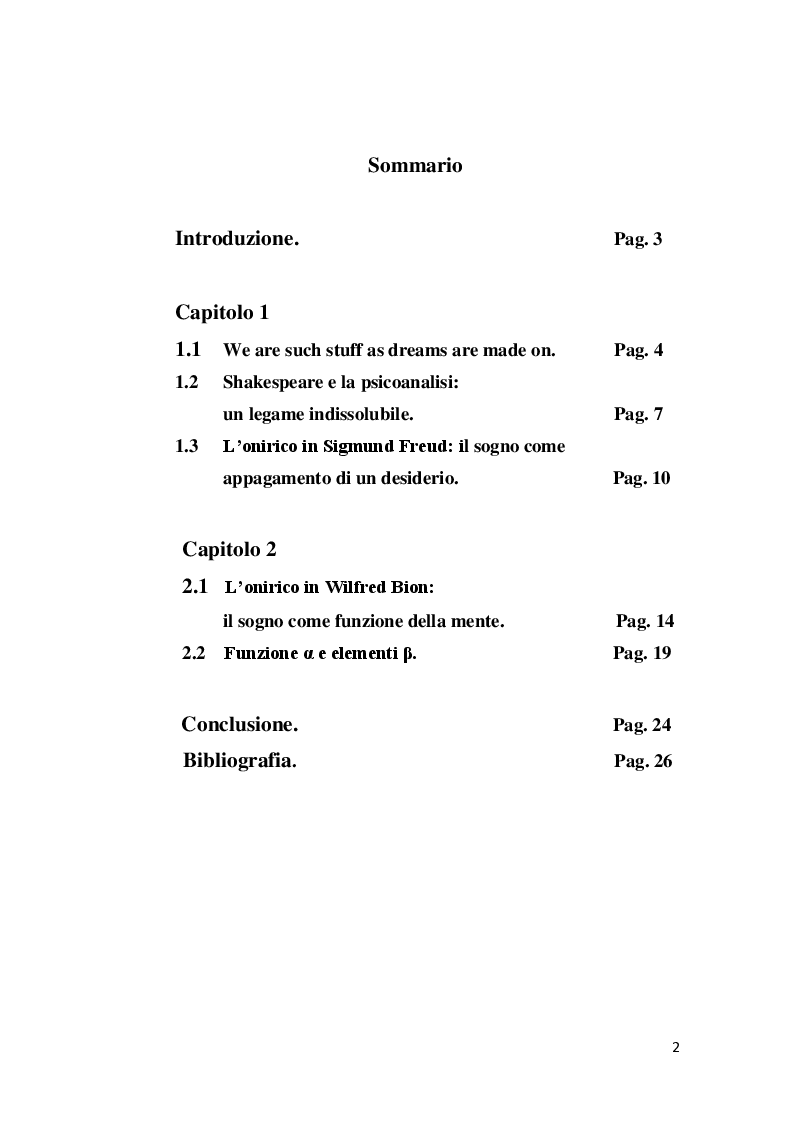 Indice della tesi: DREAMING STUFF: Shakespeare e Bion a confronto, Pagina 1