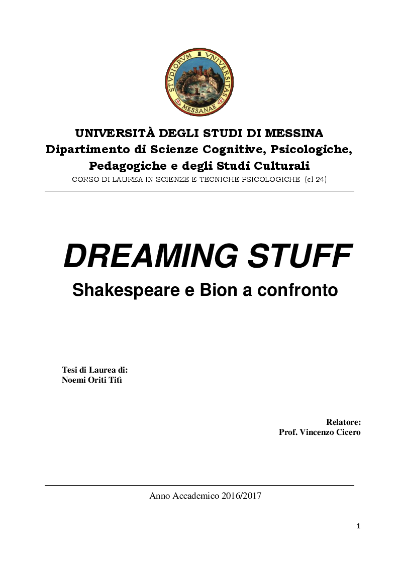 Anteprima della tesi: DREAMING STUFF: Shakespeare e Bion a confronto, Pagina 1