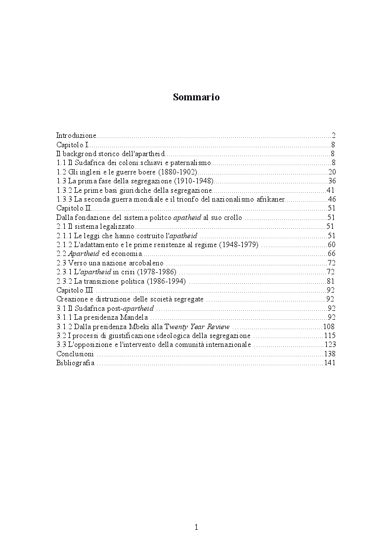 Indice della tesi: Il Sudafrica dall'apartheid alla costruzione dello Stato democratico, Pagina 1