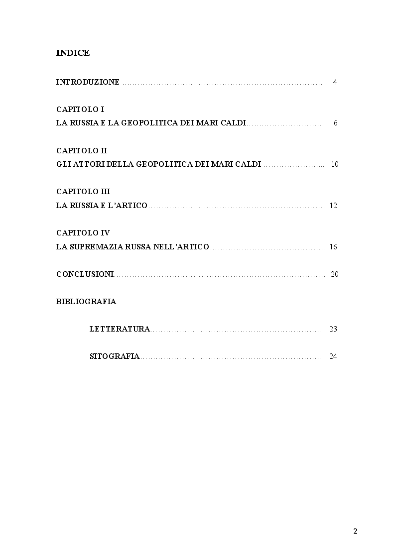 Indice della tesi: La Geopolitica Russa del Mare, Pagina 1