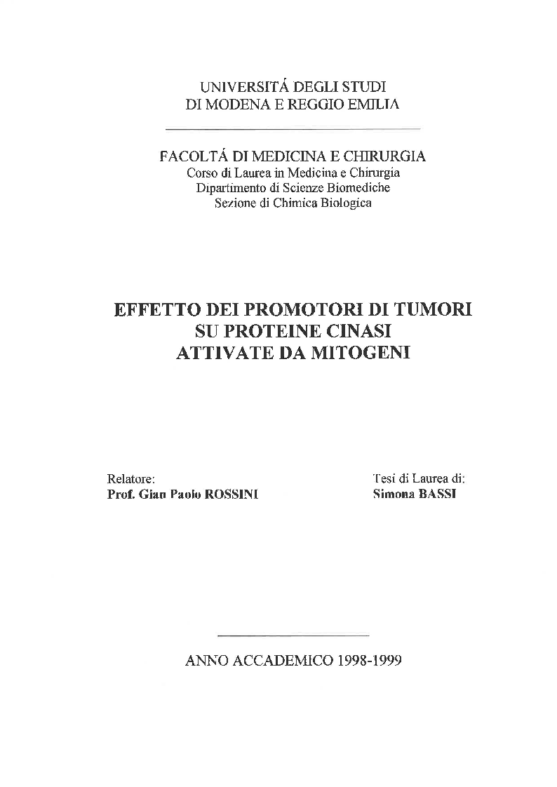 Anteprima della tesi: Effetto dei promotori di tumori su proteine cinasi attivate da mitogeni, Pagina 1