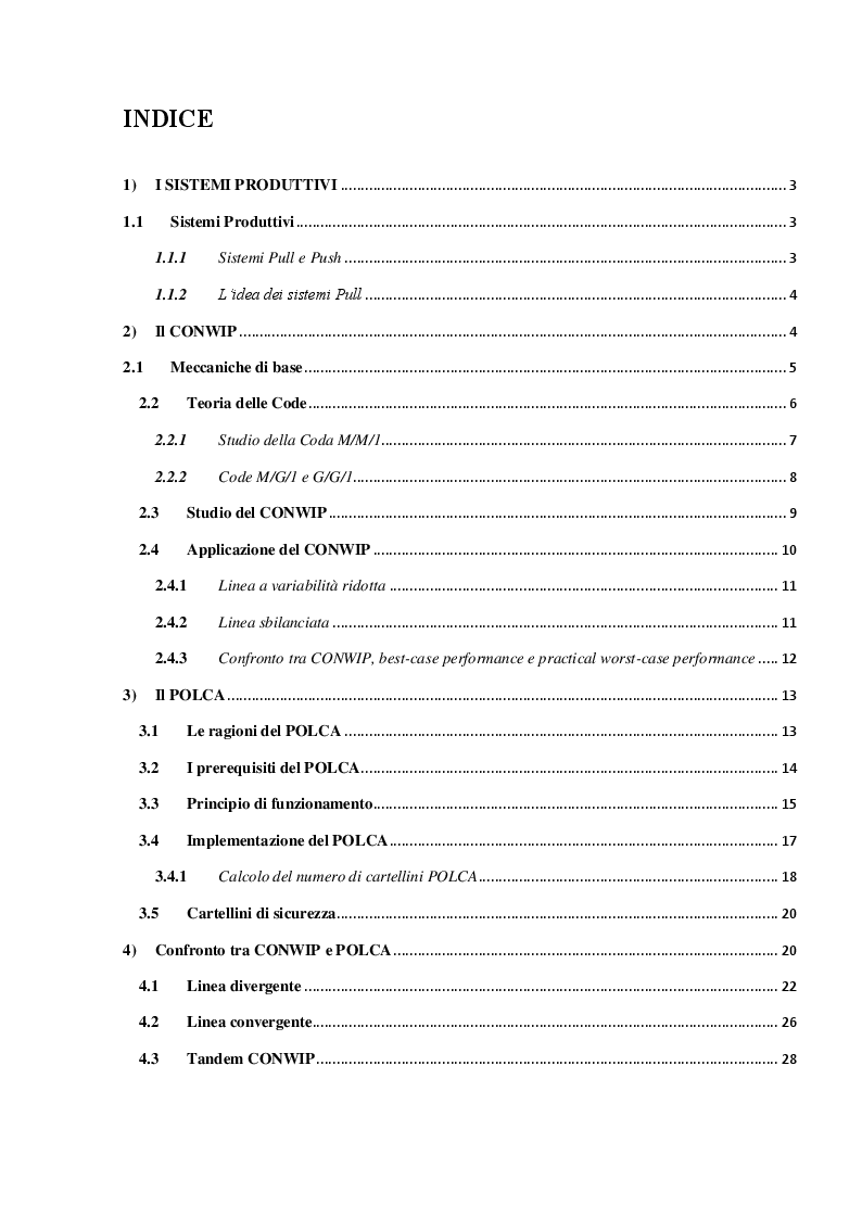 Indice della tesi: Sistemi produttivi a flusso con controllo del work in process, Pagina 1