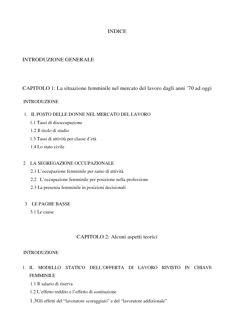 Indice della tesi: L'evoluzione del lavoro femminile e il ruolo delle iniziative di pari opportunità, Pagina 1
