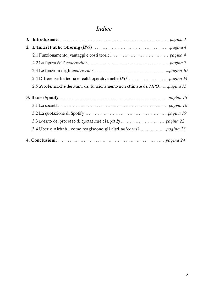 Indice della tesi: Il ruolo degli underwriters nelle IPO: Il caso Spotify, Pagina 1