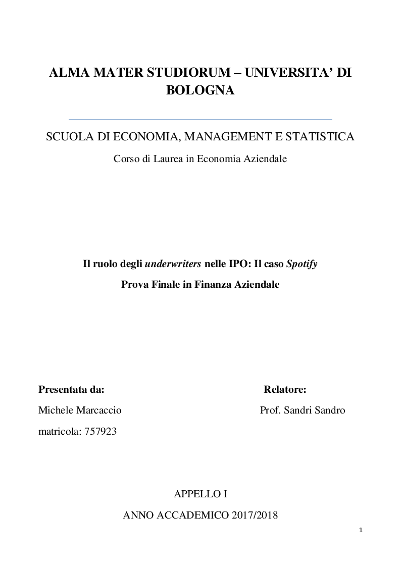 Anteprima della tesi: Il ruolo degli underwriters nelle IPO: Il caso Spotify, Pagina 1