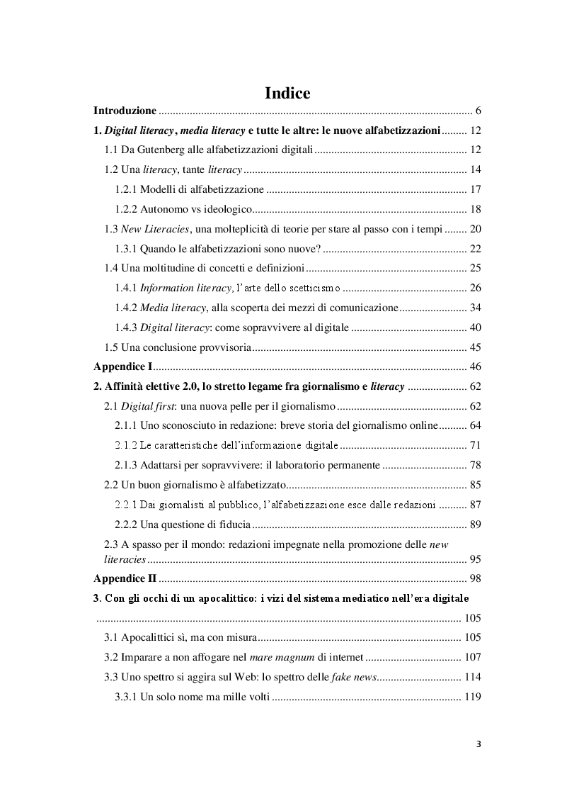 Indice della tesi: Giornalisti e lettori integrati: nuove alfabetizzazioni e sfide dell'informazione, Pagina 1
