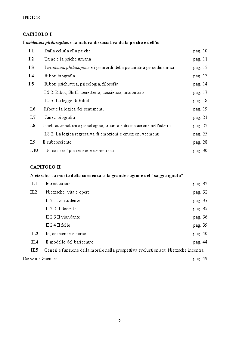Indice della tesi: L’arcipelago delle coscienze. Dissociazione in psicologia filosofica, Pagina 1