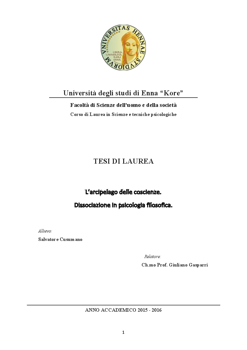 Anteprima della tesi: L’arcipelago delle coscienze. Dissociazione in psicologia filosofica, Pagina 1