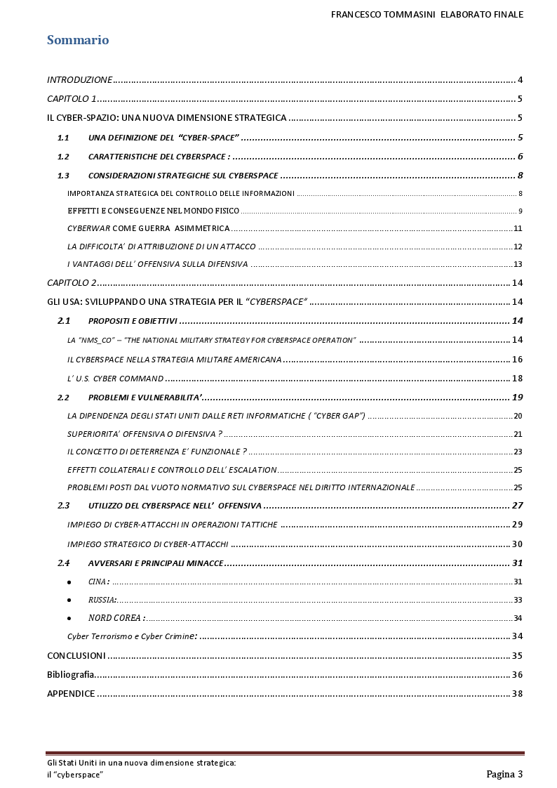 Indice della tesi: Gli Stati Uniti in una nuova dimensione strategica: il ''cyber-space'', Pagina 1