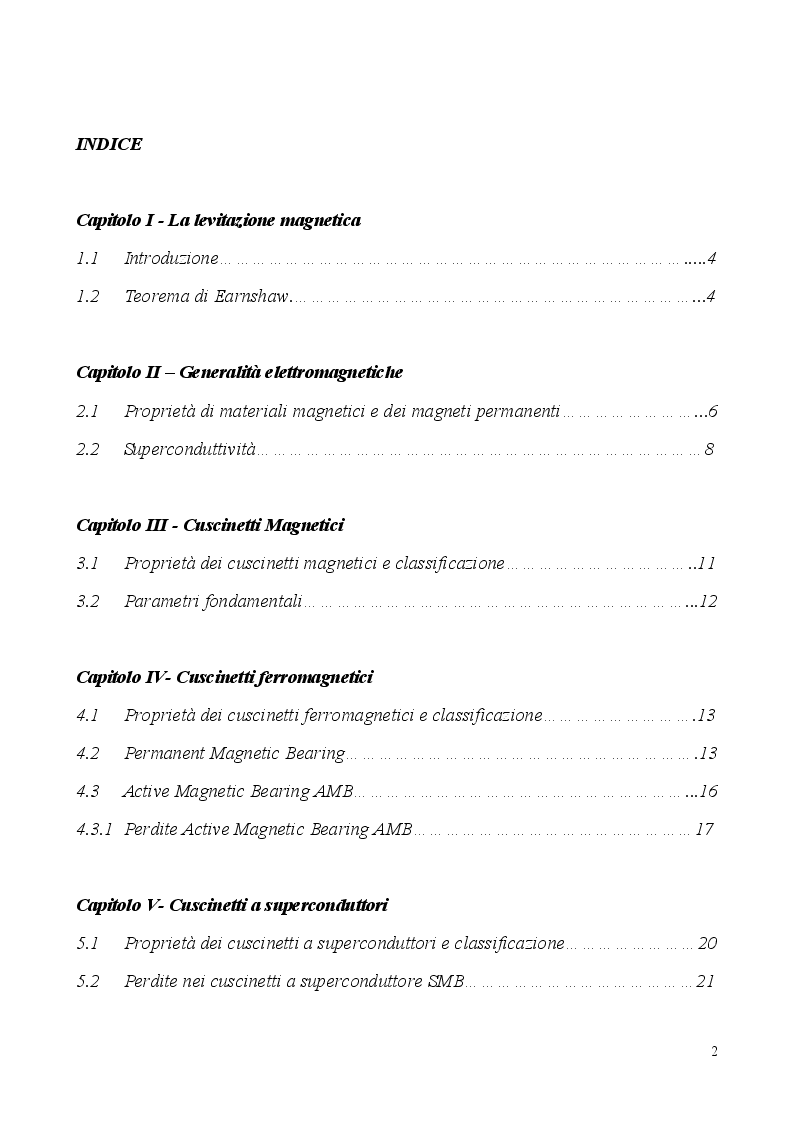 Indice della tesi: Cuscinetti magnetici: tipologie ed applicazioni, Pagina 1