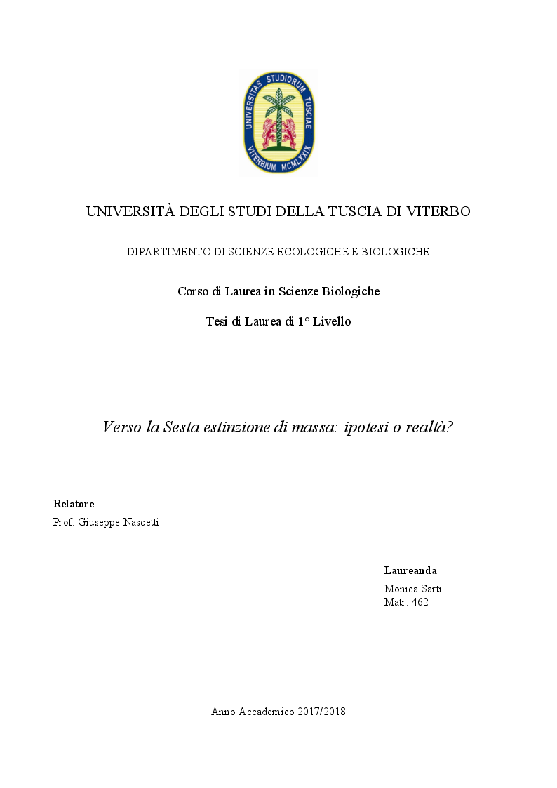 Anteprima della tesi: Verso la sesta estinzione di massa: ipotesi o realtà?, Pagina 1