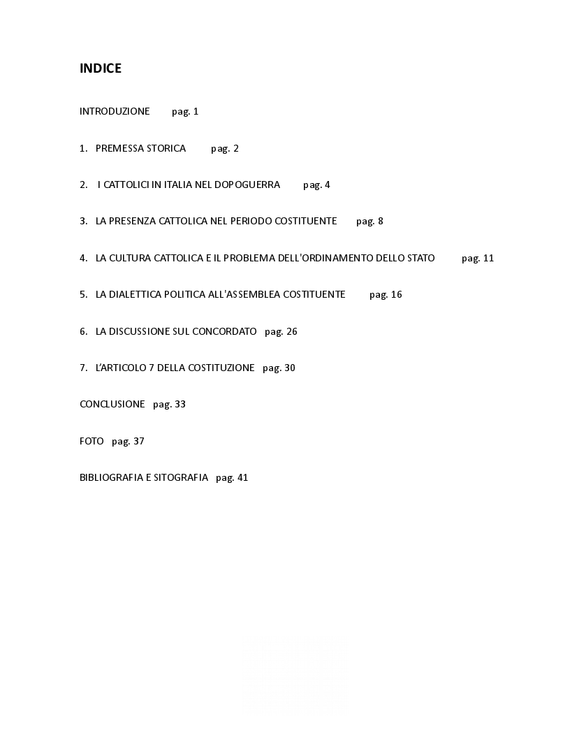 Indice della tesi: Presenza e contributo dei cattolici alla nascita della Costituzione italiana, Pagina 1