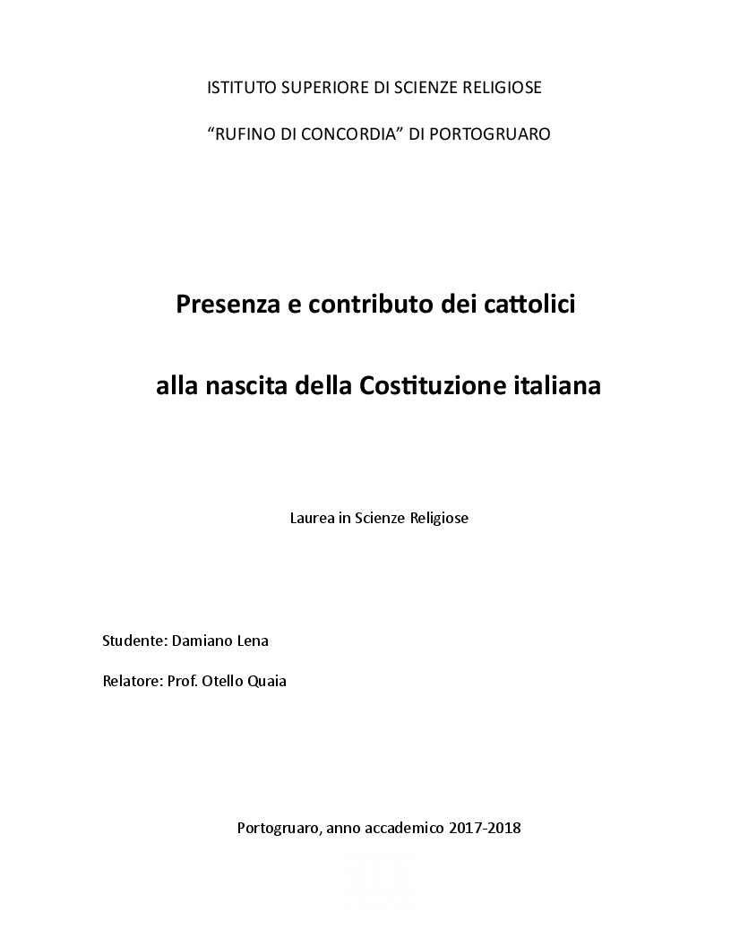 Anteprima della tesi: Presenza e contributo dei cattolici alla nascita della Costituzione italiana, Pagina 1