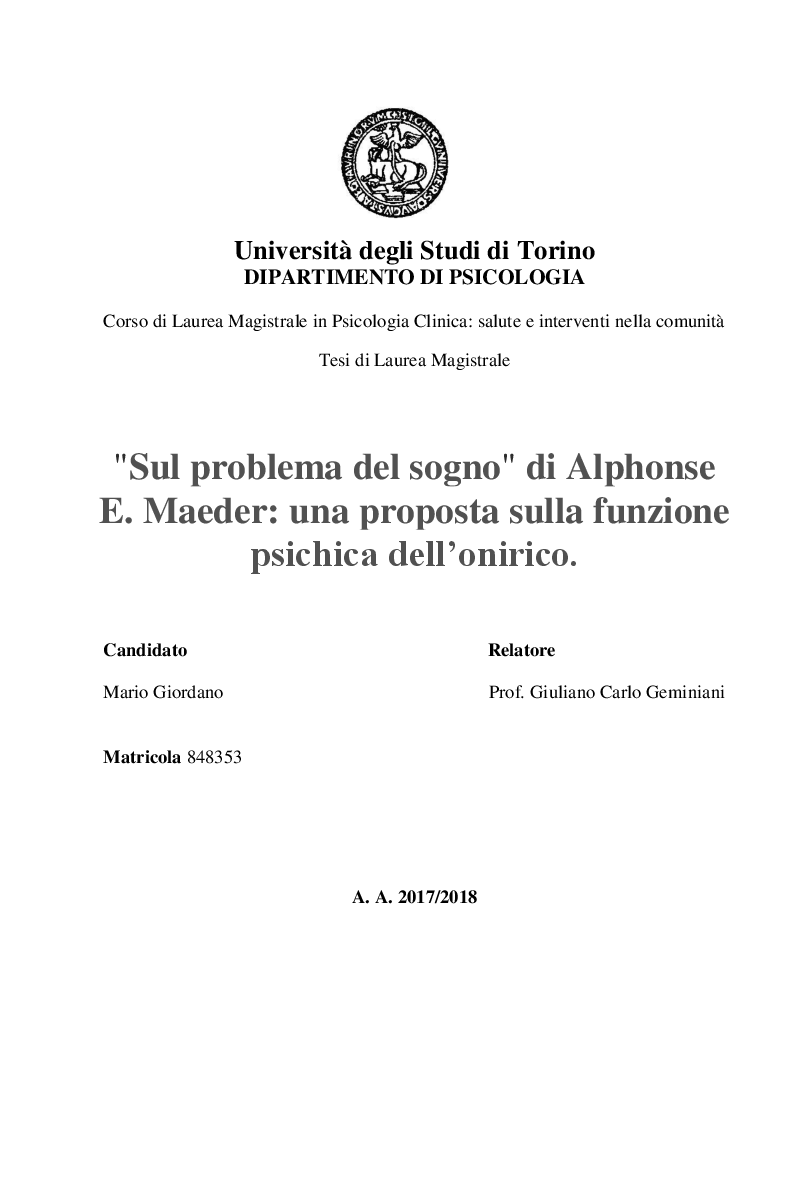 Anteprima della tesi: Sul problema del sogno di Alphonse E. Maeder una proposta sulla funzione psichica dell’onirico., Pagina 1