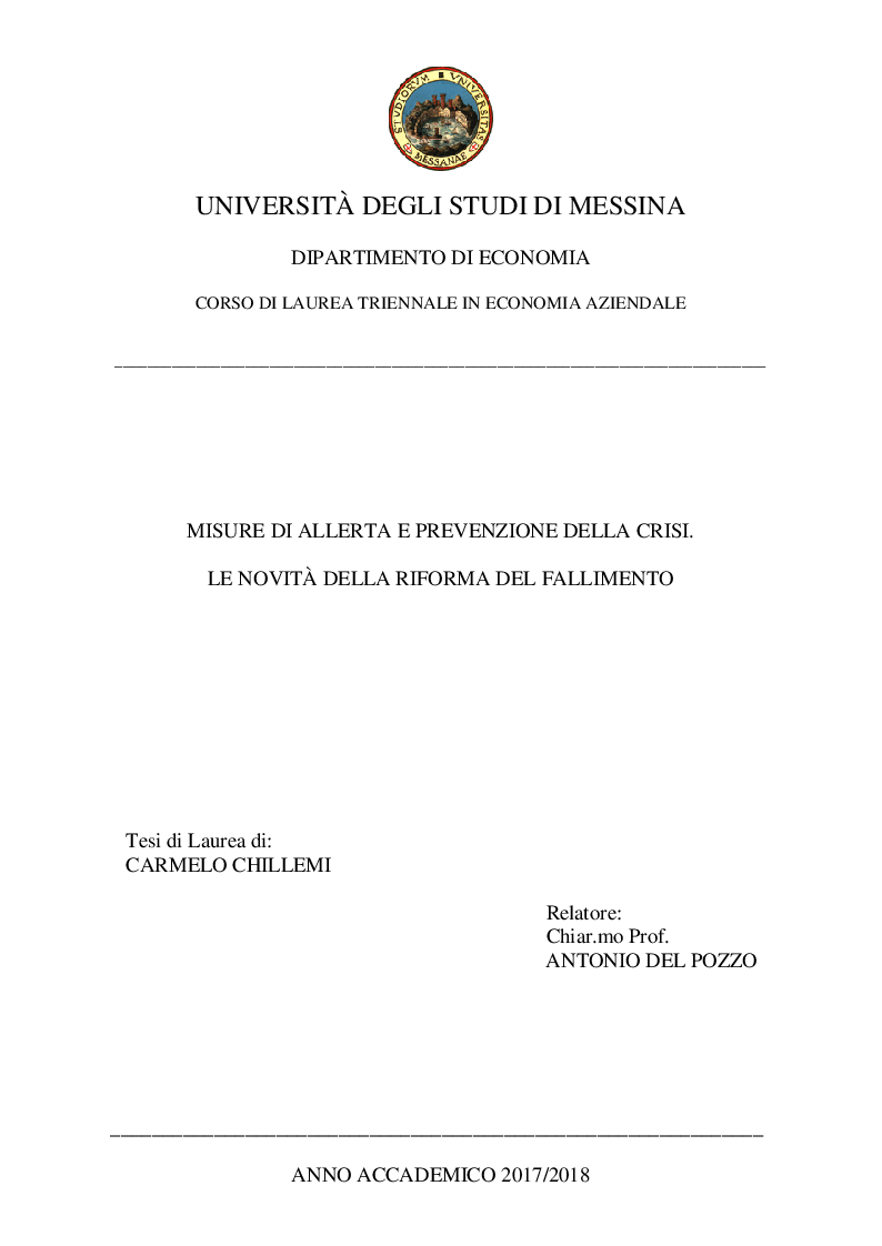 Anteprima della tesi: Misure di allerta e prevenzione della crisi. Le novità della riforma del fallimento, Pagina 1