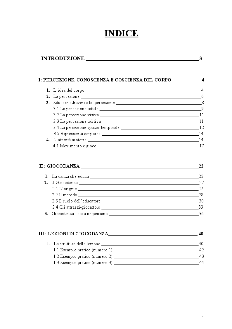 Indice della tesi: Giocodanza, imparare giocando, Pagina 1
