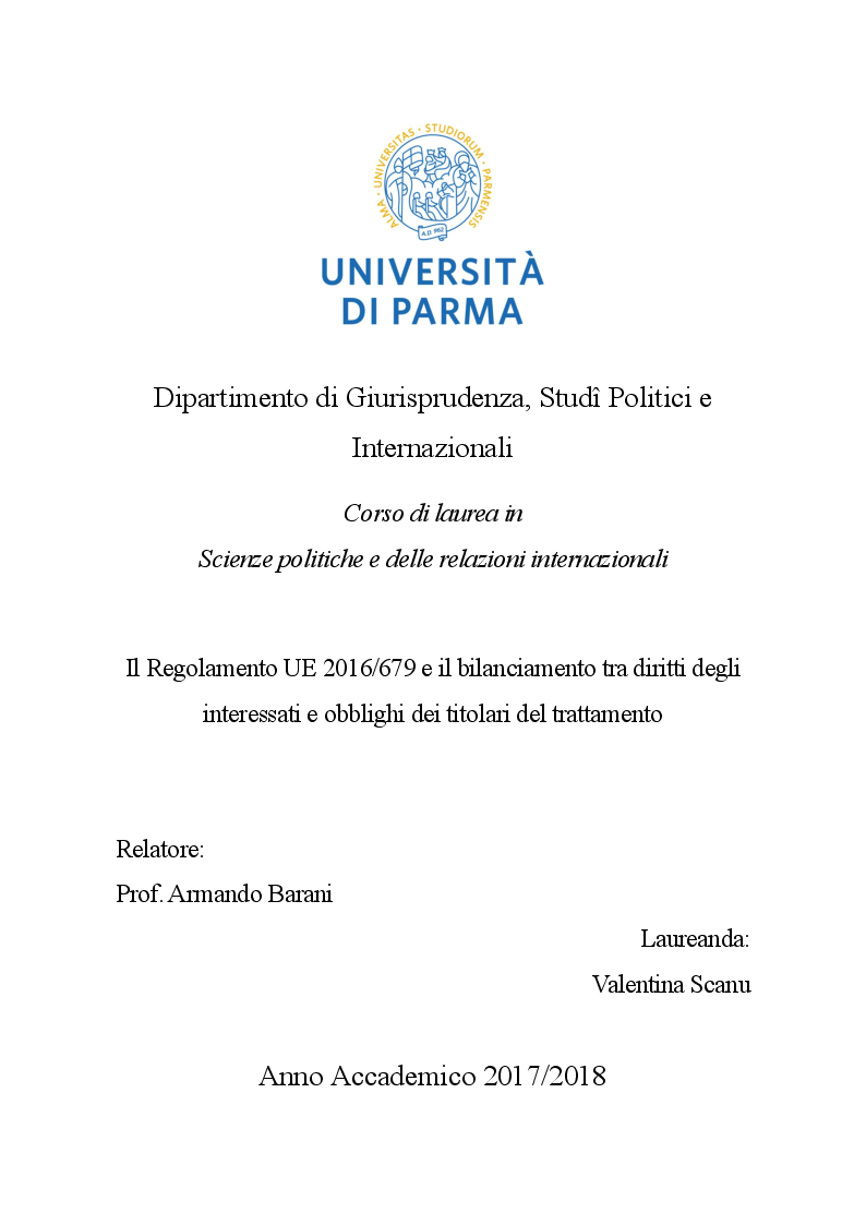 Anteprima della tesi: Il Regolamento UE 2016/679 e il bilanciamento tra diritti degli interessati e obblighi dei titolari del trattamento, Pagina 1